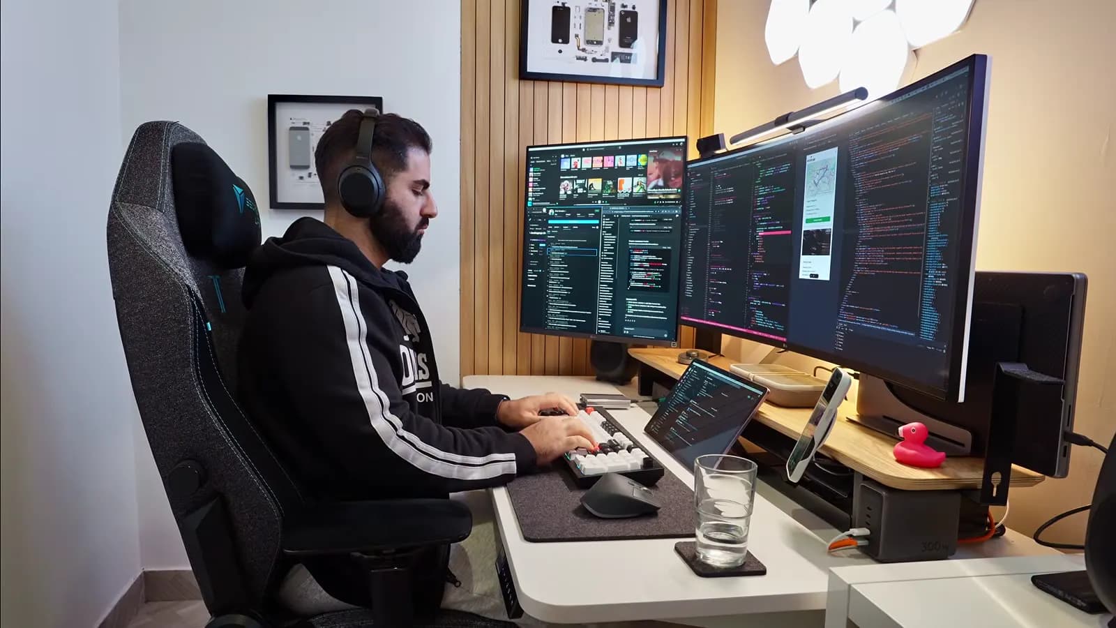 Peter coding at his desk with three monitors